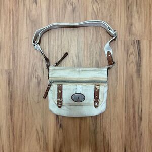 Fossil Tan Canvas Fabric Crossbody Purse Shoulder Bag Handbag
